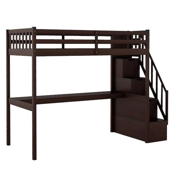 Wateday Espresso Twin Loft Bed with Staircase and Built-in Desk
