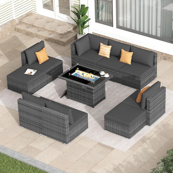 FINCATI 10 Pieces Gray Wicker Patio Conversation Set Deep Sectional Seating Set with Charcoal Cushions and Fire Pit Table