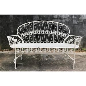 64 in. 2-Seater Antique White Metal Outdoor Bench