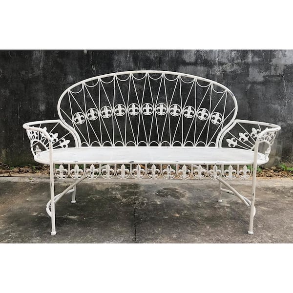Zaer Ltd. International 64 in. 2-Seater Antique White Metal Outdoor Bench