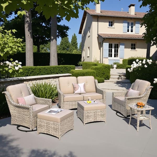 OVIOS Palffy Gray 6-Piece Wicker Patio Conversation Seating Set with Beige Cushions and Swivel Rocking Chairs