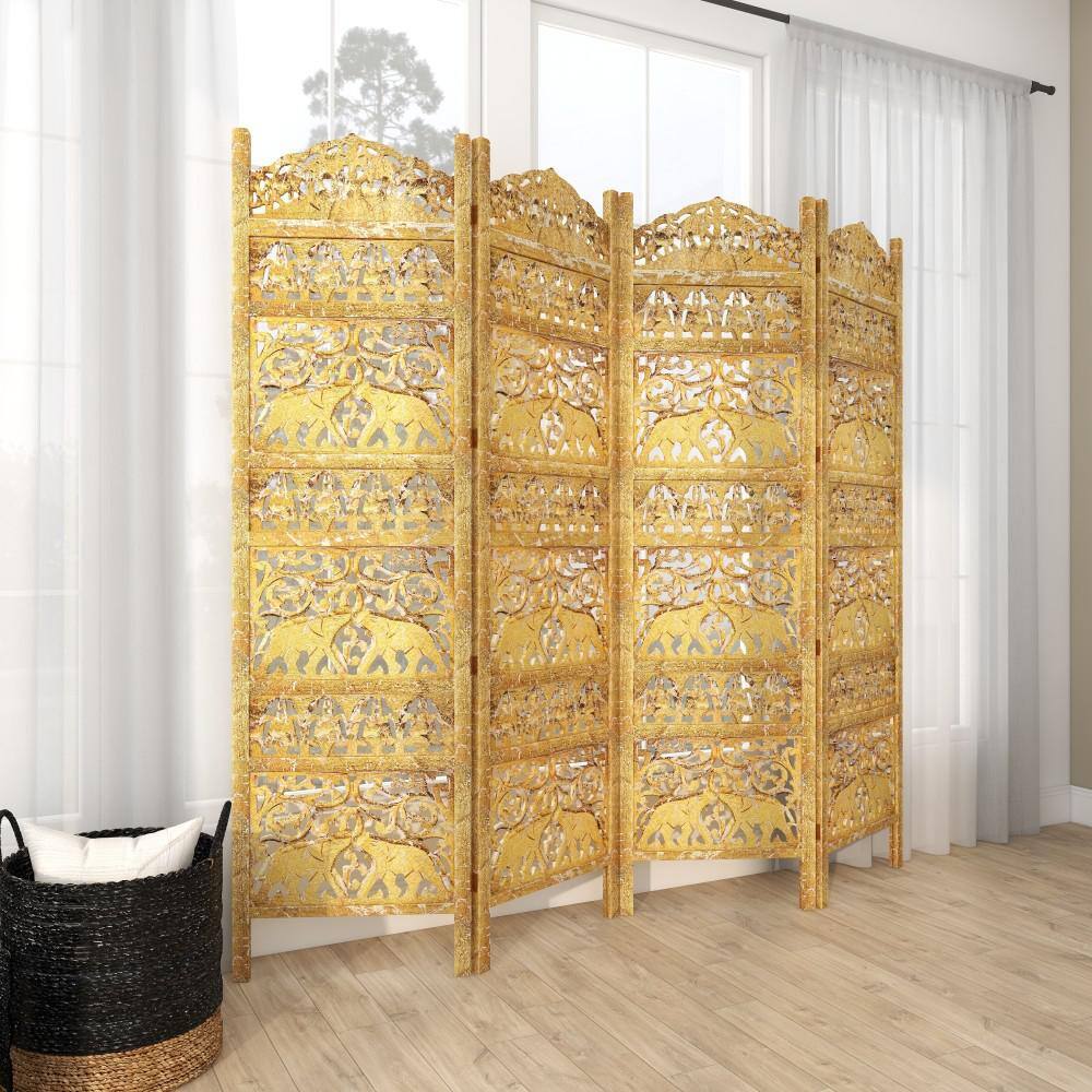 Gold Wooden Carved Elephant 4-Panel Folding Privacy Screen