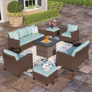 Dark Brown 7-Piece Rattan Wicker Steel Outdoor Patio Conversation Set with Blue Cushions, Square Fire Pit, 2 Ottomans