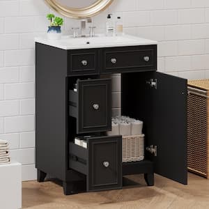24 in. W x 18 in. D x 34 in. H Single Sink Freestanding Bath Vanity in Black with White Ceramic Top and 2-Drawers