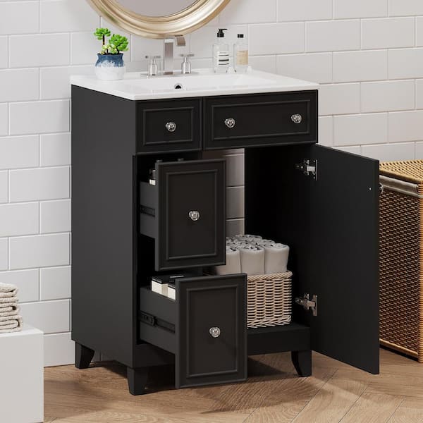 Nivencai 24 in. W x 18 in. D x 34 in. H Single Sink Freestanding Bath Vanity in Black with White Ceramic Top and 2-Drawers