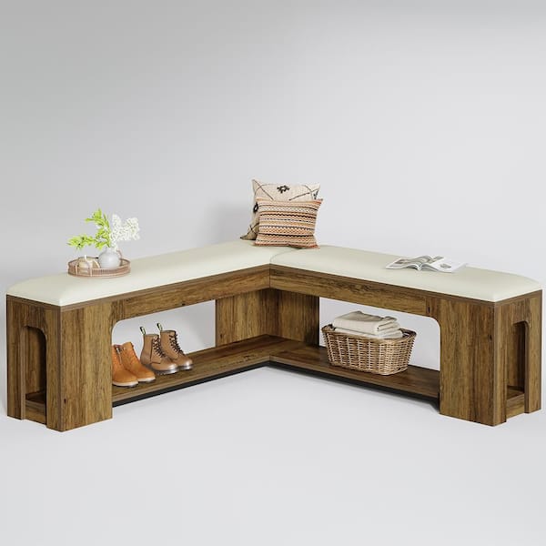 47.2 in. Rustic Brown L Shaped Entryway Bench with Removable Upholstered Cushion