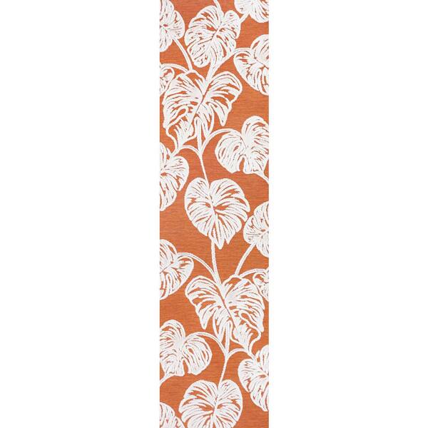 Tobago High-Low Two-Tone Monstera Leaf Orange/Ivory 2 ft. x 8 ft. Indoor/Outdoor Area Rug