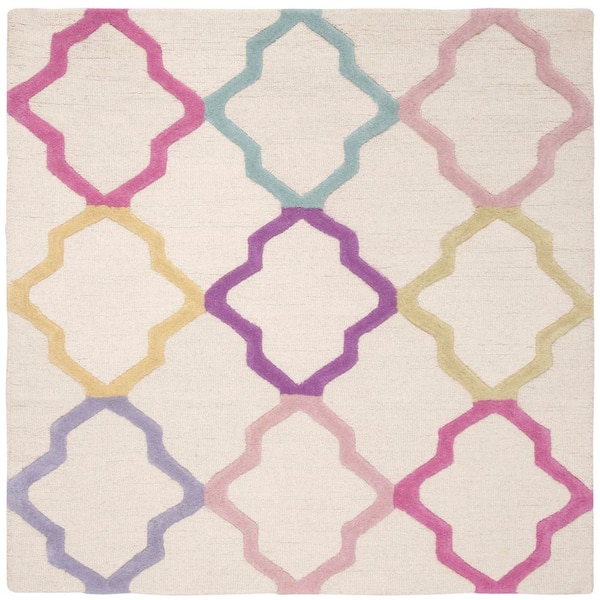 Kids 3 ft. x 3 ft. Ivory/Multi Geometric Square Area Rug