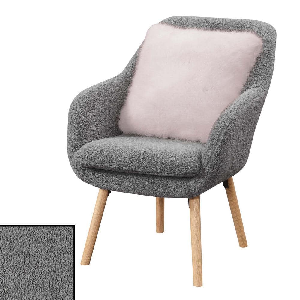 Gray Sherpa Wood Accent Chair with Detachable Cushion