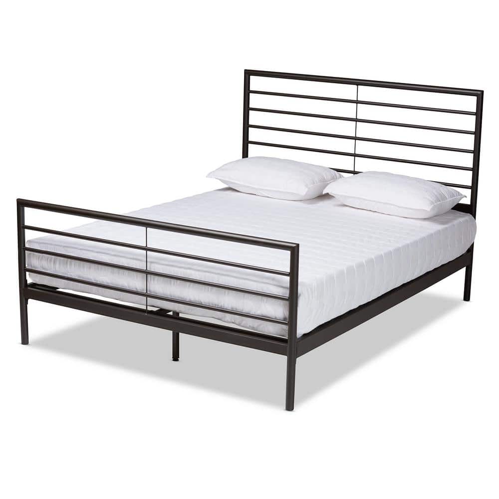 Alva Industrial Black Metal Full Bed with Wood Slats and Open Headboard