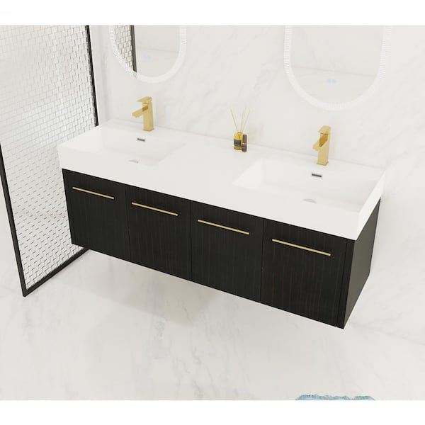 59.1 in. W x 18.1 in. D x 22.4 in. H Wall Mounted Bath Vanity in Black with Double White Cultured Marble Top