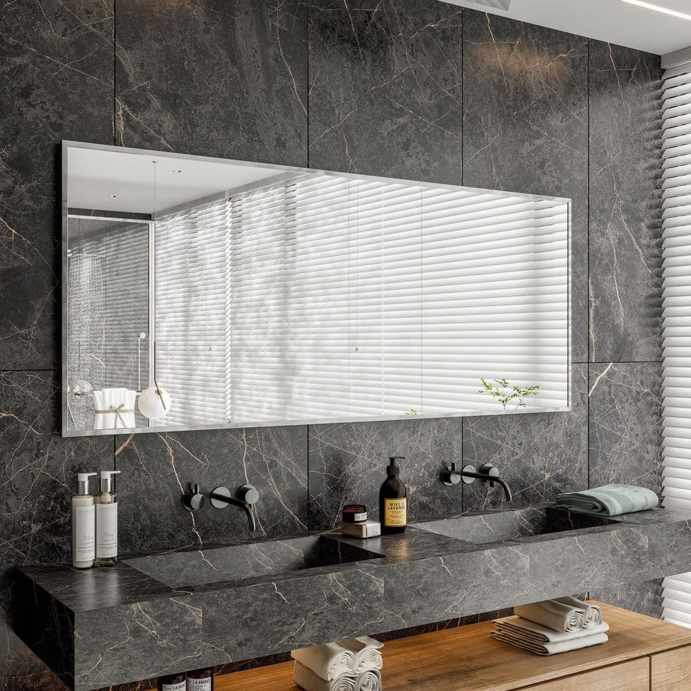 Elegant Brushed Wood 72" Rectangular Bathroom Vanity Mirror