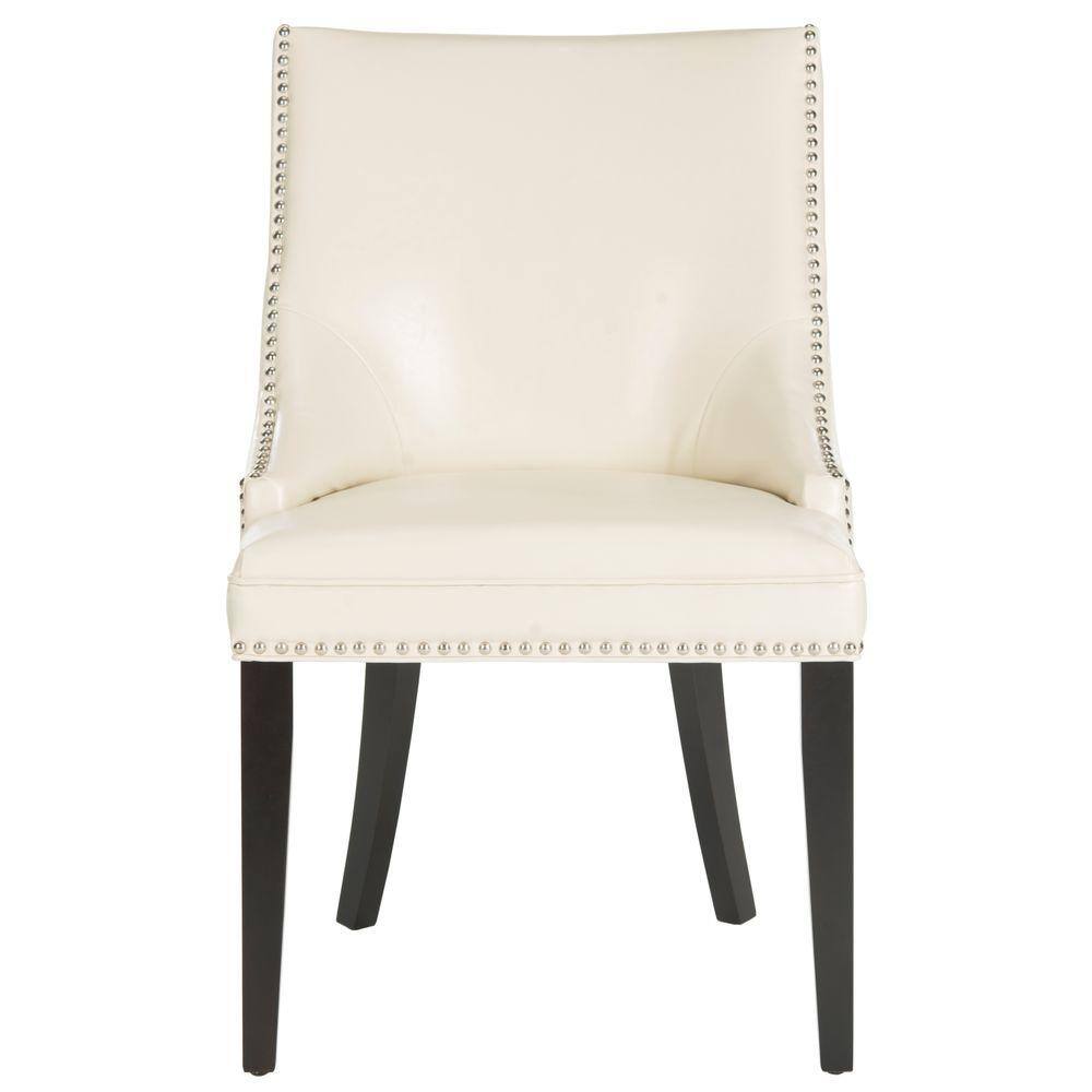 Flat Cream Leather Upholstered Parsons Side Chair with Nickel Trim