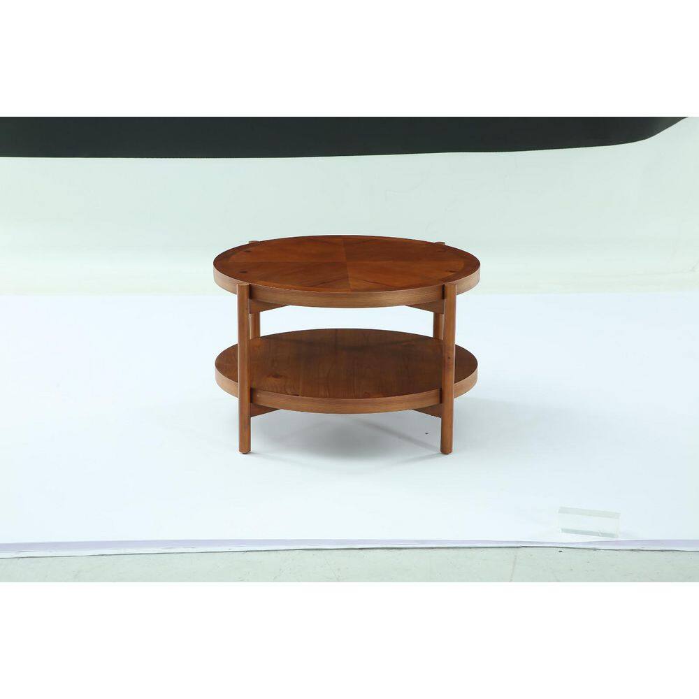 Allan 31.49 in. Walnut Round Solid Wood Coffee Table with Storage Shelf, 2 Tier Center Table for Home Living Room