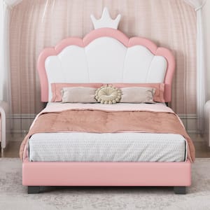 Pink Twin Size Upholstered Wooden Princess Platform Bed With Crown Headboard and Footboard