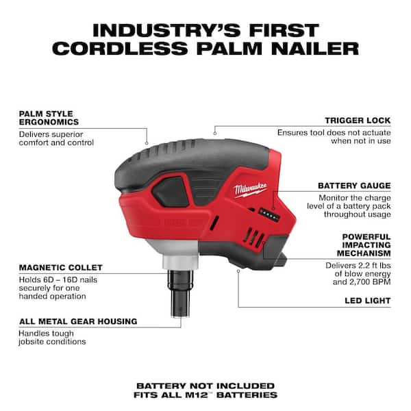 Milwaukee 2458-20 M12 12-Volt Lithium-Ion Cordless Palm Nailer (Tool-Only) - 2