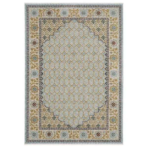 Cage Blue/Gold 10 ft. x 13 ft. Oriental Geometric Floral Polyester Fringe-Edge Indoor Area Rug