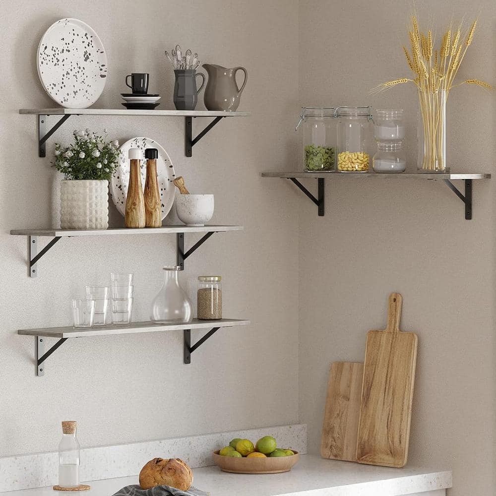 31.5 Inch Gray Particleboard Wall Shelves with Black Metal Brackets, Set of 2