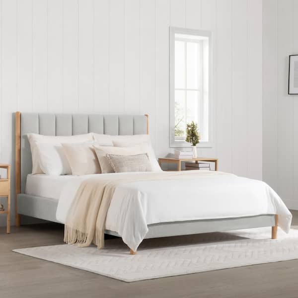 Luca Gray Wood Frame Queen Upholstered Platform Bed Mid-Century Modern Queen Bed Frame with Channel Tufting