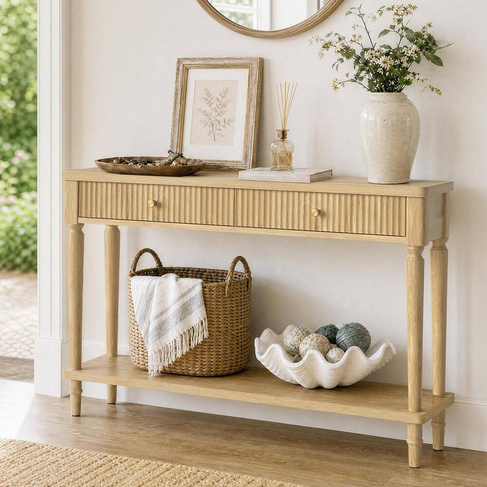 55.1 in. Rectangular Natural Oak Wood 2-Drawer Writing Desk with Storage Shelf and Fluted Fronts