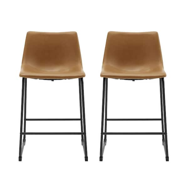 Wasatch 24 in. Whiskey Brown Low Back Metal Frame Counter Height Bar Stool with Faux Leather Seat (Set of 2)