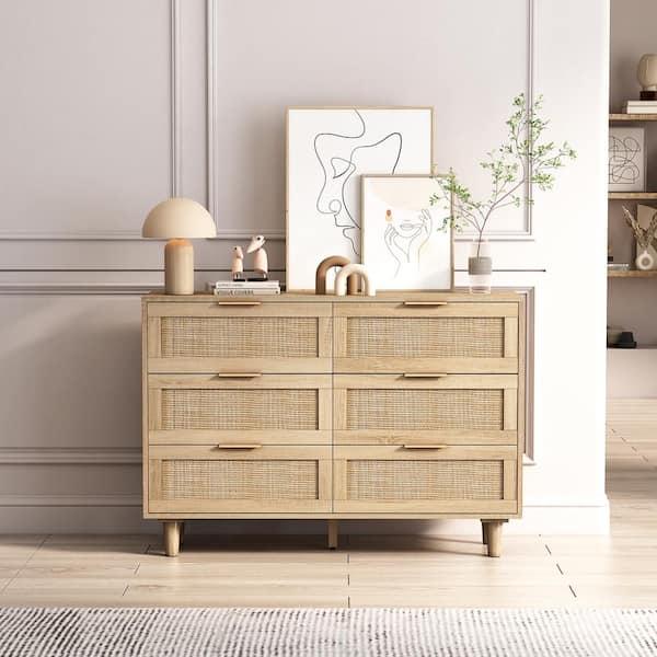 Tahanbath 43.31 in. 6-Drawers Rattan Storage Cabinet Rattan Drawer, for Bedroom, Living Room, Natural