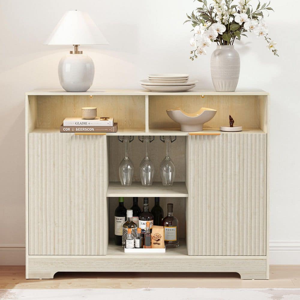 Isaac 47.2 in. White Oak Grain MDF Sideboard Buffet Cabinet with LED Light, Wine Glass Rack and Fluted Double Doors