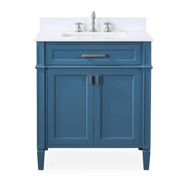 Benton Collection Durand 30 in. W x 22 in D. x 35 in. H White Quartz Vanity Top in Teal Blue with White Rectangular Sink Vanity