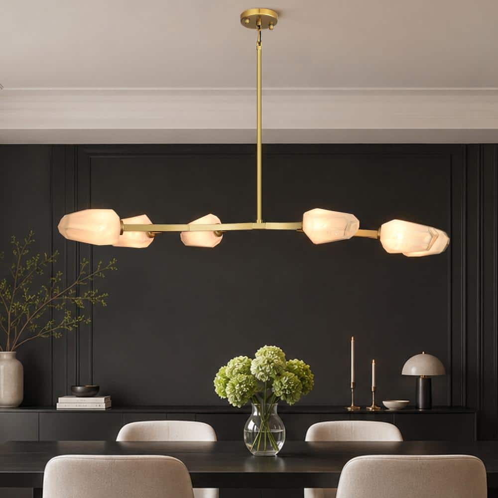 43 in. 6-Light Dimmable LED Brass Linear Kitchen Island Branch Chandelier with Glass Shades, for Living Room, Foyer price history on PriceWatchPro