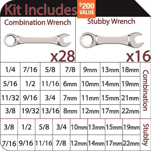 SAE and Metric Combination Wrench Set with Tray (44-Piece)