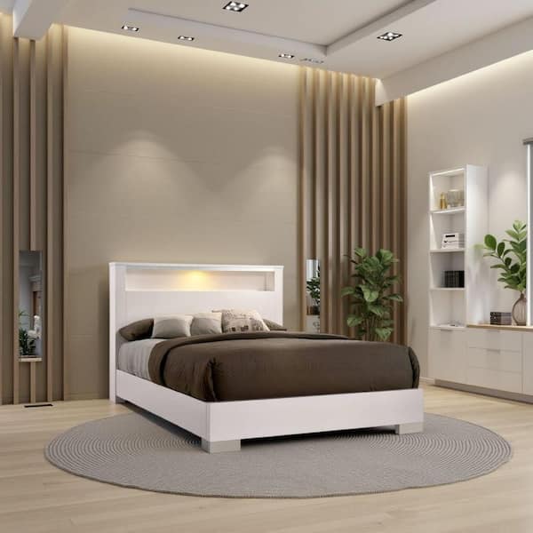 Benjara White Wood Frame Queen Size Panel Bed with Open shelf