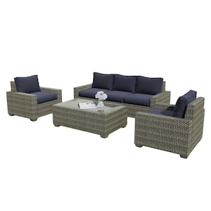 6-Piece Rattan 5-Person Wicker Outdoor Sectional Seating Group with Navy Cushions and Glass Table, Patio Furniture Sets