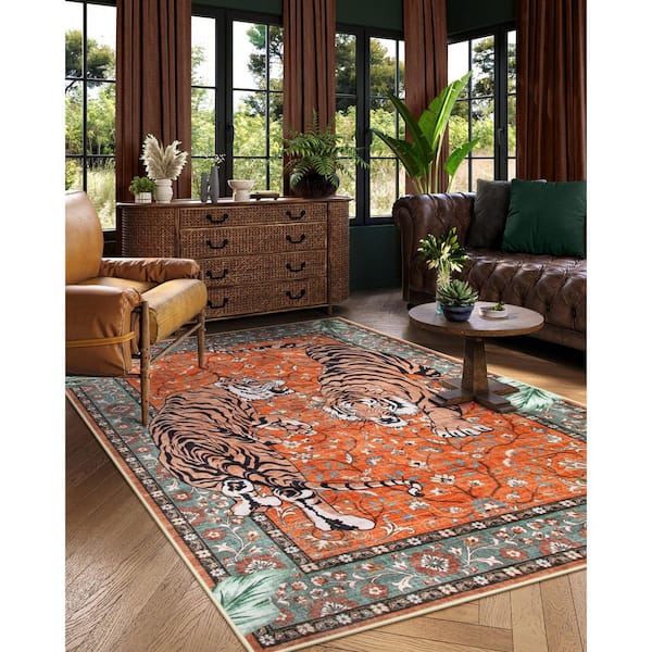 5 ft. x 7 ft. Red/Brown Vintage Tiger Washable Non Slip Soft Living Room Bedroom Area Rug