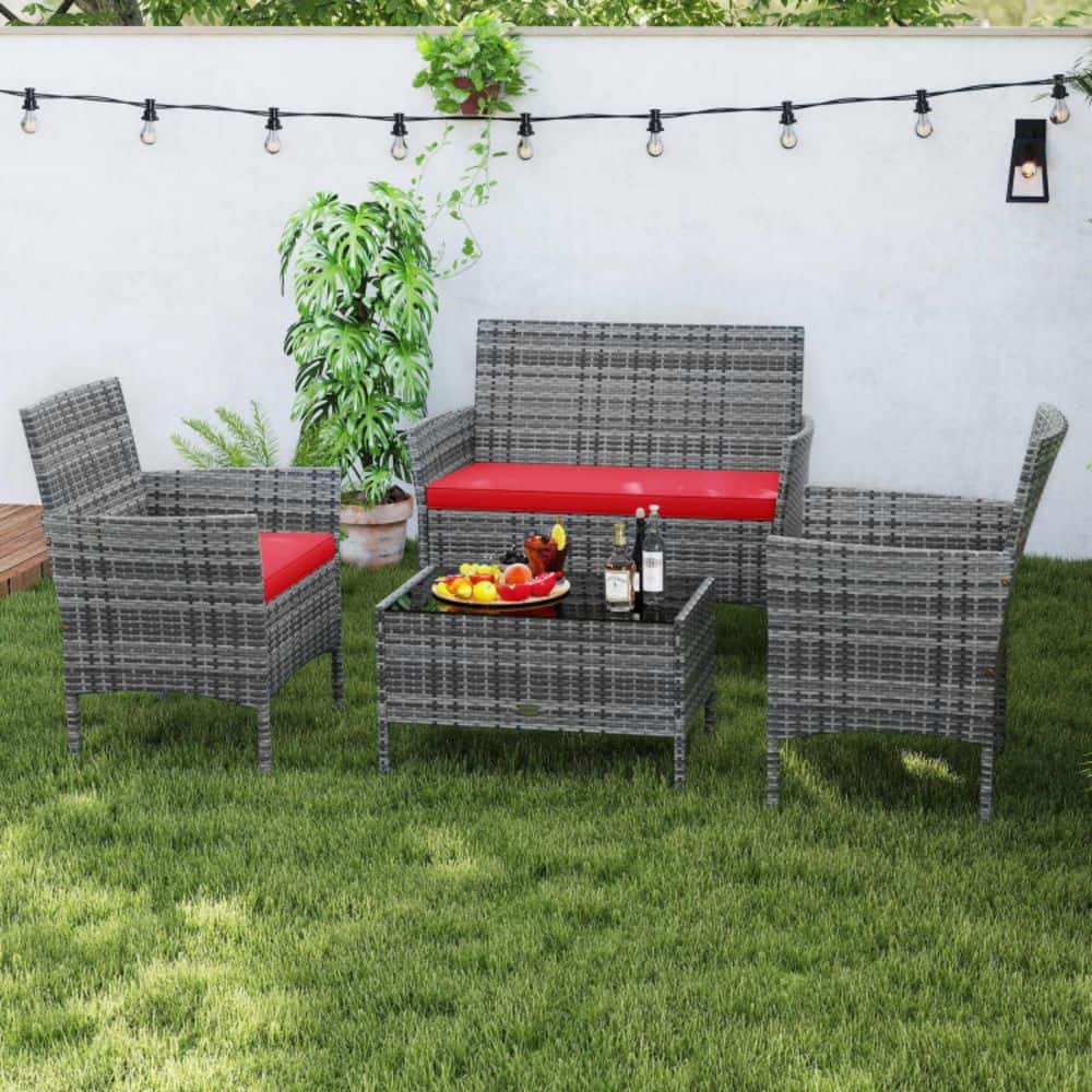 4-Piece Wicker Rattan Patio Conversation Set Outdoor Furniture Set with Red Cushions, Tempered Glass Coffee Table price history on PriceWatchPro