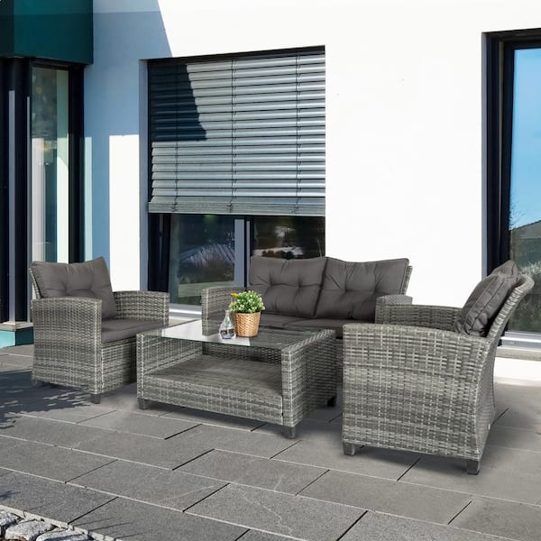 Outsunny Grey 4-Piece Iron Plastic Rattan Patio Furniture with Dark Grey Cushions, 2-Single Chairs, Double Sofa and Tea Table 860-117 - The Home Depot