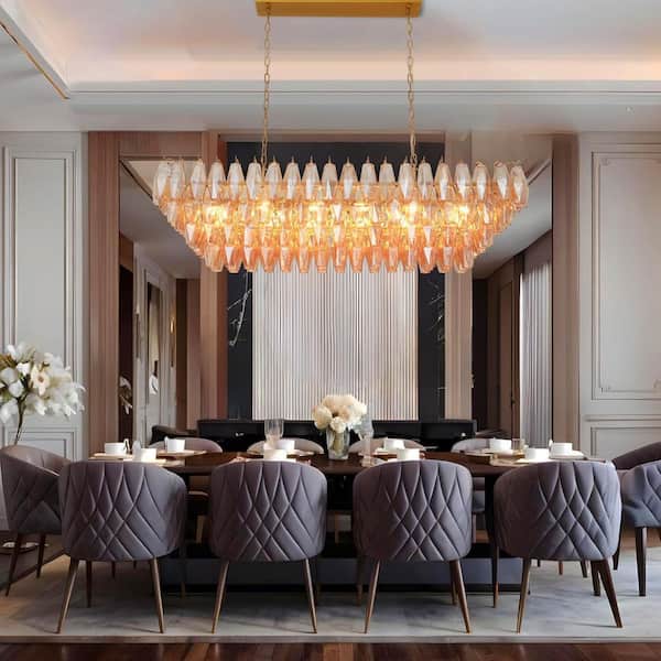 54 in. 12-Light Rectangle Gold Kitchen Chandelier Over Table with Smoke Glass Ceiling Lights