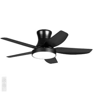 46 in. 5-Blades LED Light Flush Mount Ceiling Fan in Matte Black Remote Control, 3-Light Colors and 6-Speeds