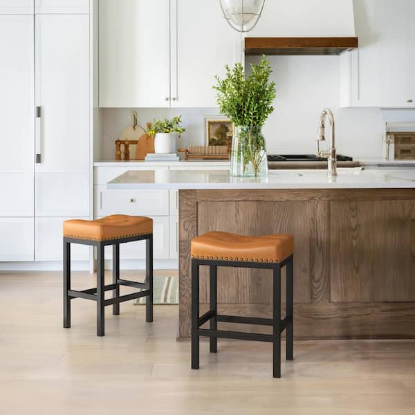LUE BONA 24 in. Whisky Brown Cushioned Backless Faux Leather Saddle Bar stools with Black Metal Frame (Set of 2)