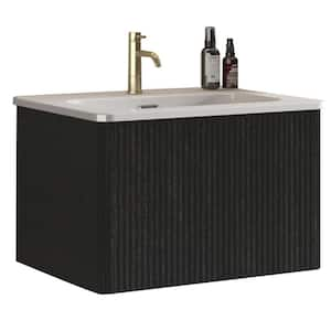 24 in. x 18.3 in. x 15.6 in. Wall Mounted Striped Brushed Black Oak Floating Bath Vanity with White Ceramic Top