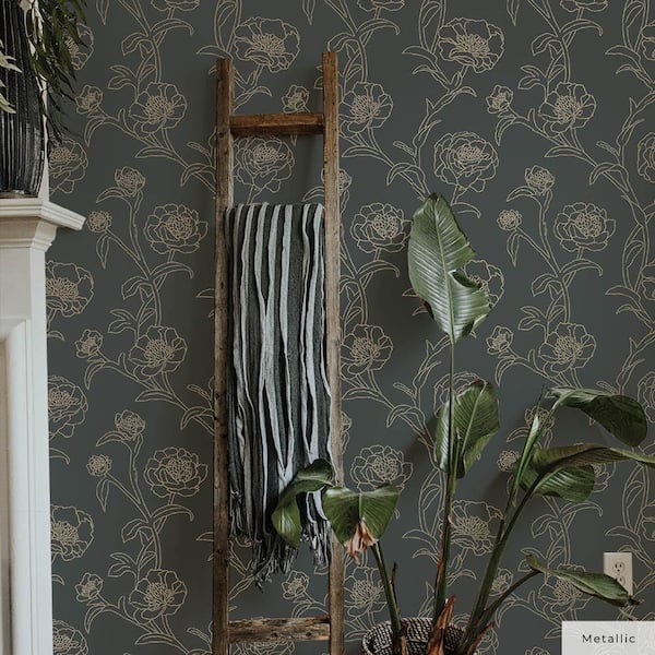 Noir and Metallic Gold Peonies Vinyl Peel and Stick Wallpaper Roll (Covers 28 sq. ft.)