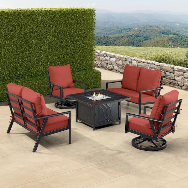 Oakland Living Black 6-Piece Aluminum Patio Fire Pit with 2-Deep Seating Loveseat and 2-Club Chairs Red Cushions