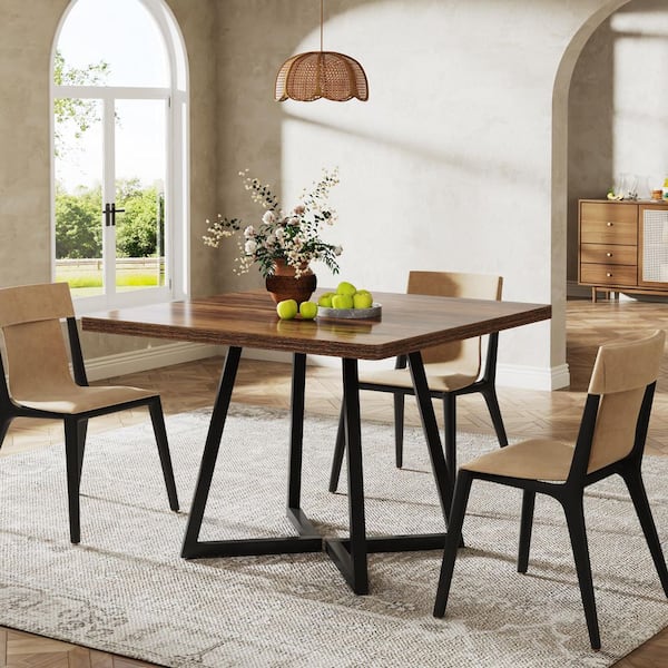 Lesley Industrial Brown Engineered Wood 31.5 in. Pedestal Dining Table with Metal Base, Small Kitchen Table (Seats 4)