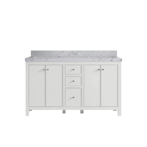 Willow Collections Chicago 60 in. Double Sink Freestanding White Bath Vanity with Venatino Qt. Top Unassembled