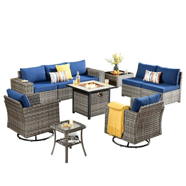 Baldwin Gray 10-Piece Wicker Wide Arm Outdoor Patio Sofa Sectional Set with Square Fire Pit and Navy Blue Cushions
