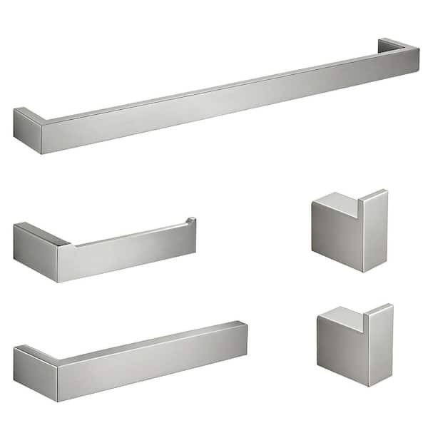 Stainless Steel 5-Piece Bath Hardware Set with 24 in. Towel Bar Toilet Paper Holder and Towel Hook in Brushed Nickel