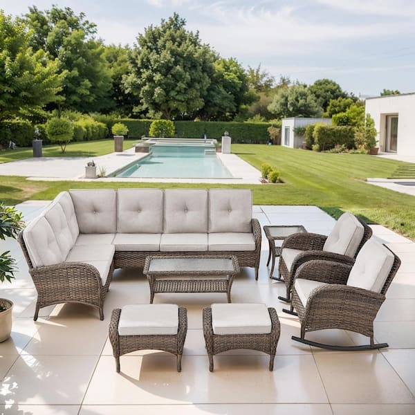 Brown 7-Piece Wicker Patio Conversation Sectional Seating Set with Beige Cushions and Rocking Chairs