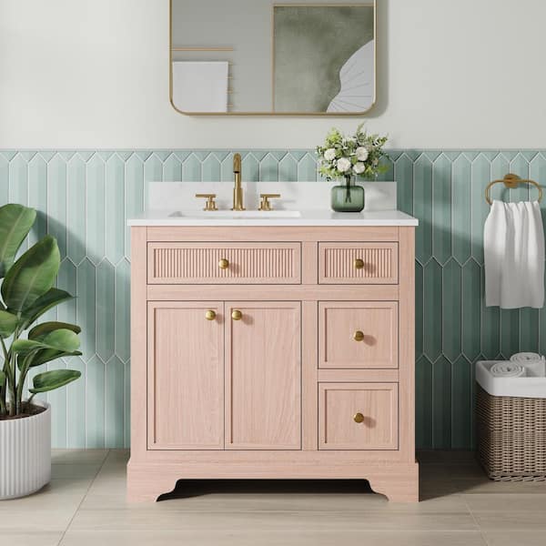 36 in. W Assembled Solid Wood Bathroom Vanity in Distressed Red Oak Flip Drawer White Quartz Top Single Sink