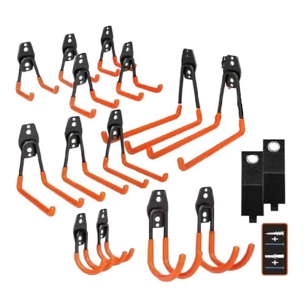 16 Pack Orange Heavy Duty Steel Garage Hooks with Non-Slip Coating for Bike, Ladder, and Garden Tools