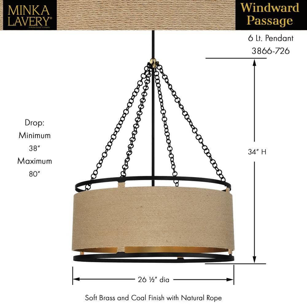 Windward Passage Soft Brass and Coal 6-Light Drum Pendant