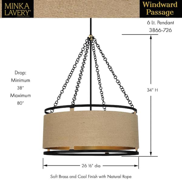 Minka-Lavery - 3866-726 - Six Light Pendant - Windward Passage - Soft Brass and Coal